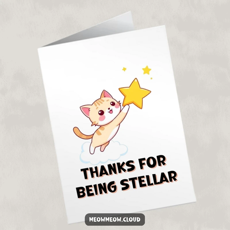 Funny Free Printable Thank You Card: A happy cat chases a star across clouds, symbolizing thanks for reaching for the stars.