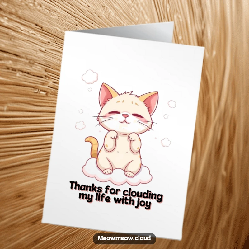 Funny Free Printable Thank You Card: Mischievous cat playing with fluffy clouds, sending playful thanks from above.