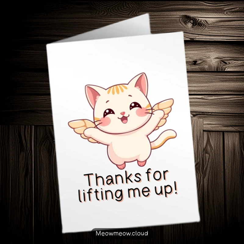 Funny Free Printable Thank You Card: Cheerful cat with small wings flying high, expressing thanks gracefully.