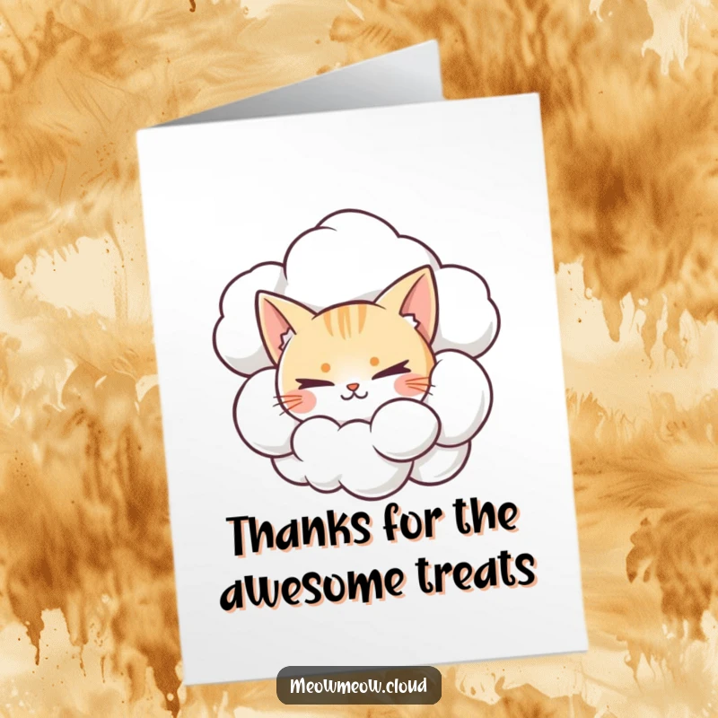 Funny Free Printable Thank You Card: A mischievous cat hides behind a cloud, sending thanks with a wink.