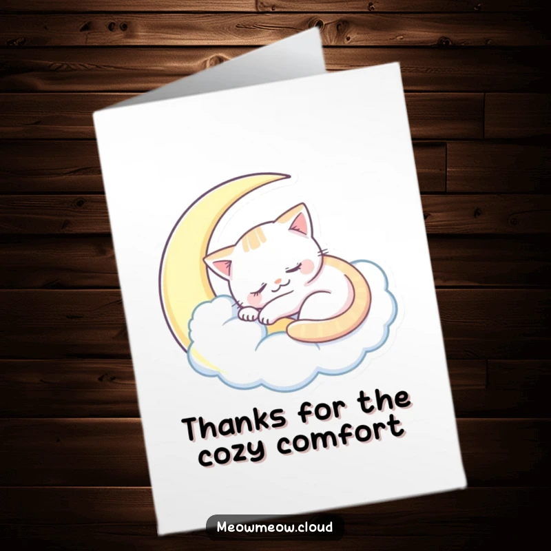 Funny Free Printable Thank You Card of a sleepy cat nestled inside a crescent moon cloud, dreaming.