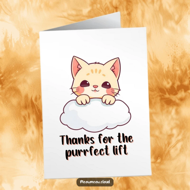 Funny Free Printable Thank You Card: Mischievous cat peering from clouds, sending thanks with adorable curiosity, a delightful downloadable.