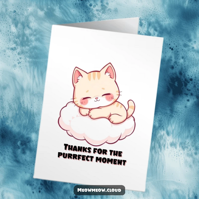 Funny Free Printable Thank You Card: A cute cat on a cloud purrs contentedly, conveying thanks with gentle warmth.