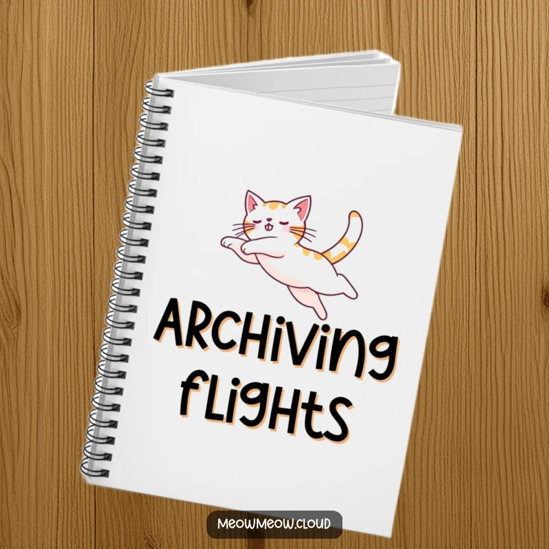 Funny cat leaping gracefully, featured on a notebook cover, inspiring dynamic thoughts and creative writing.