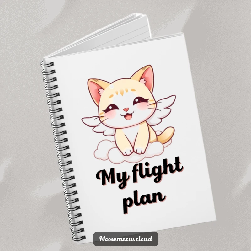 Funny angel cat notebook, cat with wings journaling amidst clouds, serene and humorous stationery for thoughtful individuals.