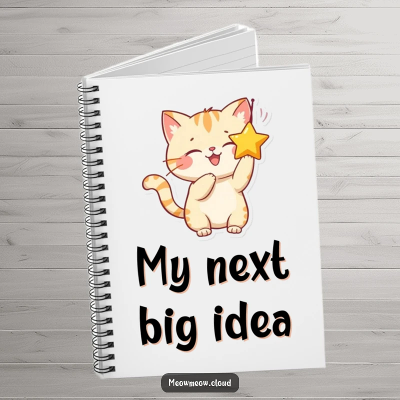Funny notebook with a smiling cat character playfully batting at a dangling star, inspiring creative thoughts and playful notes.