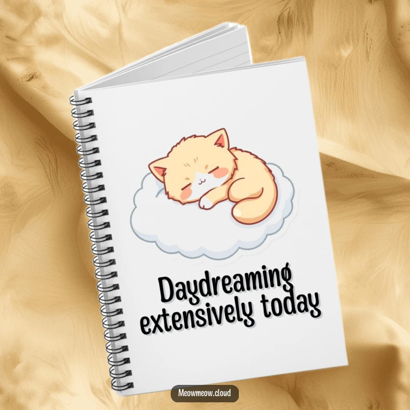 Funny notebook with cover art of a fluffy cat napping on a cloud, perfect for journaling dreams.