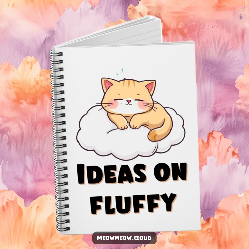 Funny cat sleeping on a cloud, featured on a notebook cover, inspiring peaceful thoughts and creative writing.