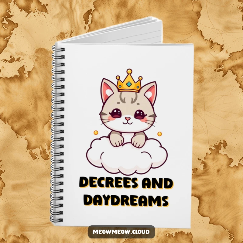 Funny Cat King Notebook with a cute cat wearing a crown, ruling a cloud kingdom, perfect for notes and royal planning. Elegant stationery.