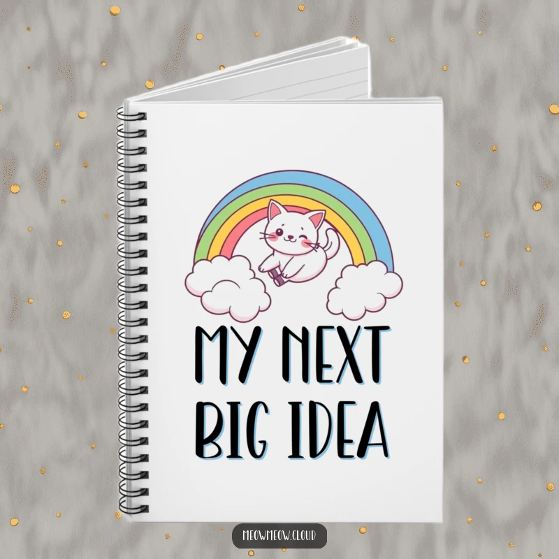Funny notebook cover showing a playful cat sliding down a rainbow over a cloud, perfect for note-taking and doodling.