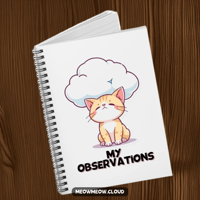 Funny curious cat looking down from a cloud with wonder, decorating a notebook for jotting down inquisitive ideas.