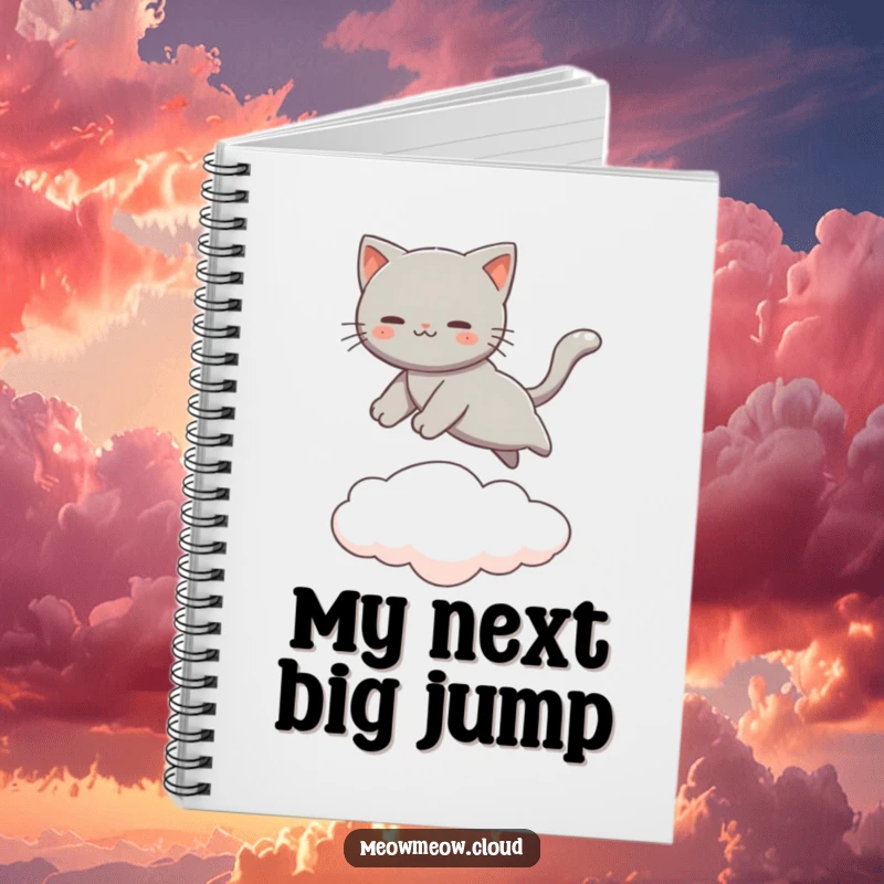 Funny Gray Cat Notebook with a cat leaping between clouds, perfect for notes and creative writing. Elegant stationery.
