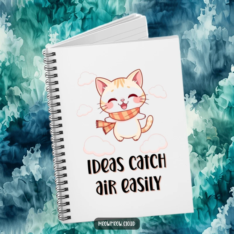 Funny jumping cat notebook featuring a playful cat in a scarf, leaping between soft clouds.