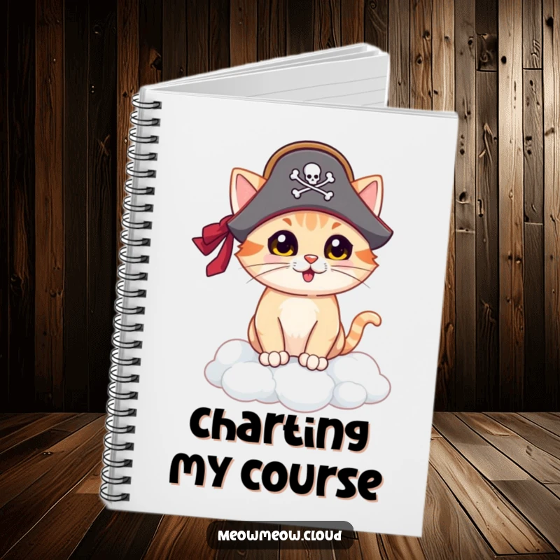 Funny pirate cat notebook, cat pirate captain journaling on a cloud island, humorous and practical stationery for creative minds.