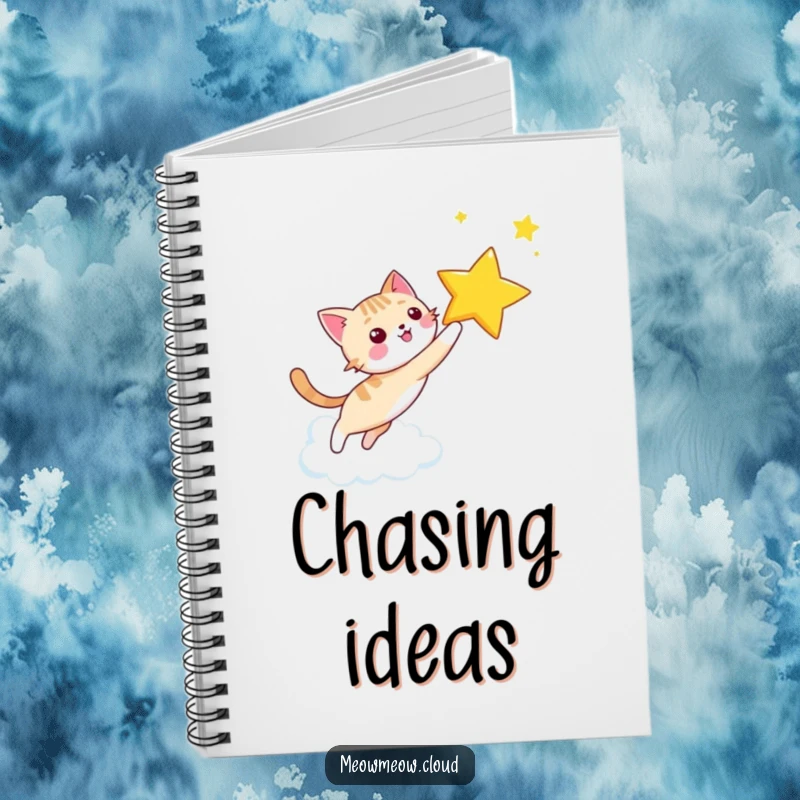 Funny happy cat chasing a star on a cloud sky, decorating a notebook for jotting down ambitious goals.