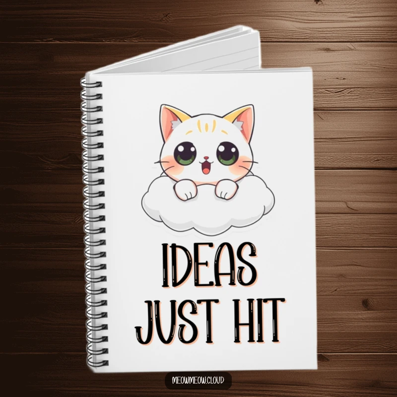 Funny cat notebook featuring a surprised cat with wide eyes floating on a cloud, perfect for journaling and note-taking.