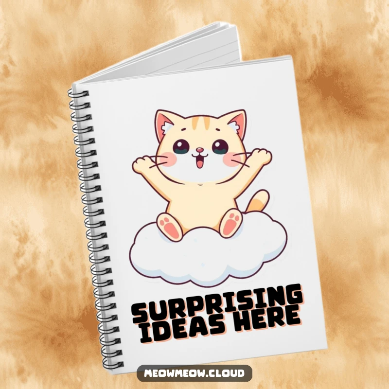 Funny notebook featuring a surprised cat making a snow angel on a cloud, perfect for writing down thoughts with celestial humor.