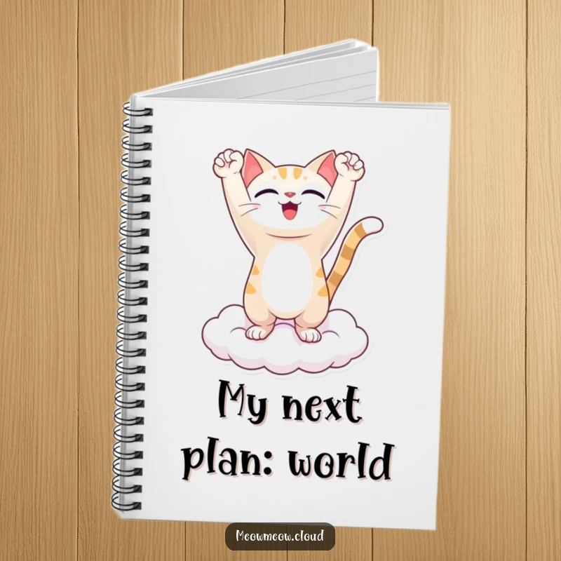 Funny notebook featuring a triumphant cat character on a cloud, arms raised, ready to capture brilliant ideas with humorous motivation.
