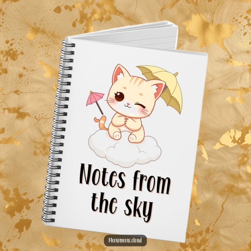 Funny Winking Cat Notebook with a cat on a cloud, holding a small umbrella, perfect for notes and creative writing. Adorable stationery.