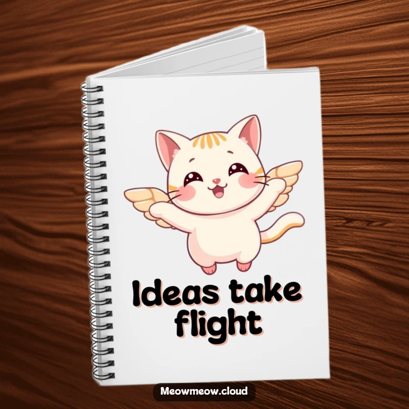 Funny Notebook featuring a cheerful cat with small wings, happily flying, perfect for jotting down ideas and whimsical notes.
