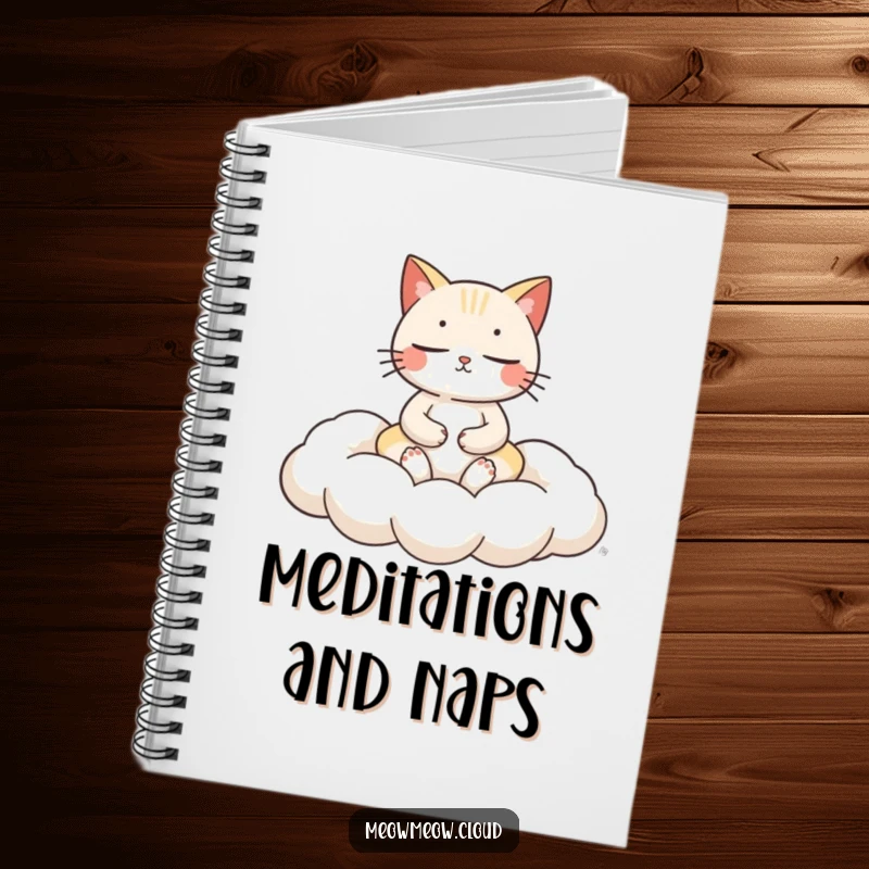 Funny cat meditation notebook featuring a serene cat meditating on a fluffy cloud cushion, for journaling peace.
