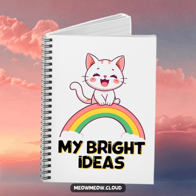 Funny notebook with a cheerful cat character riding a rainbow arch like a slide, perfect for jotting down adventurous ideas.