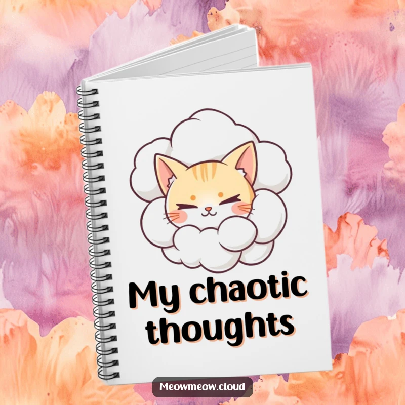 Funny notebook with a mischievous cat peeking from a cumulonimbus cloud, ideal for notes and doodles.