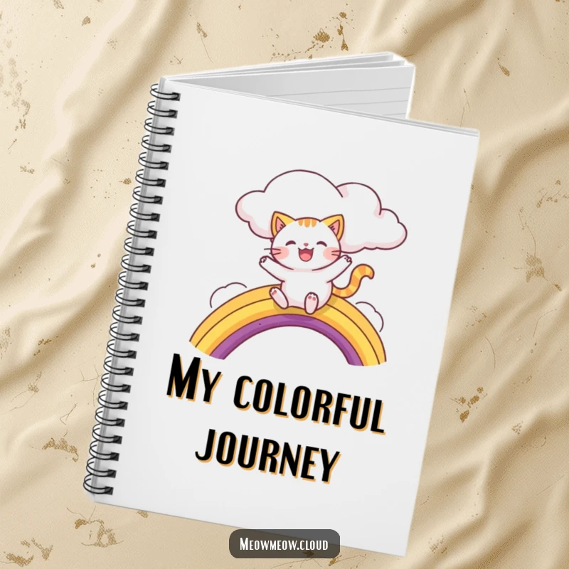 Funny notebook showcasing a happy cat character sliding down a vibrant rainbow from a cloud, inspiring colorful thoughts.