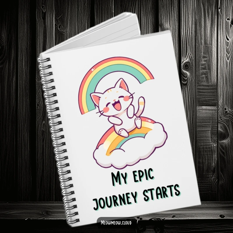 Funny notebook with an excited cartoon cat sliding down a rainbow, perfect for notes.