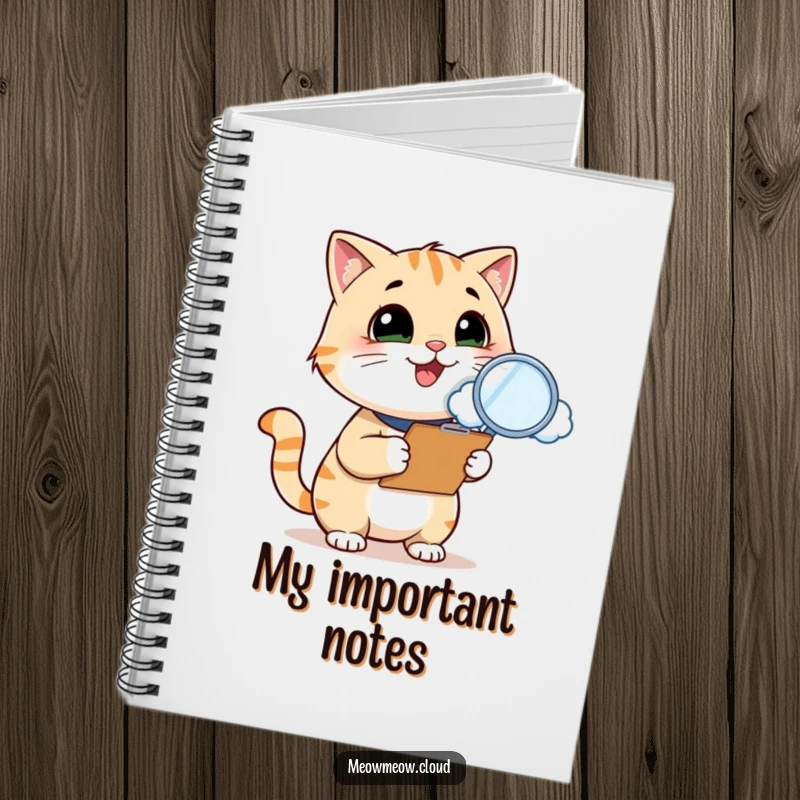 Funny cat inspector notebook, a smiling cat with a clipboard uses a magnifying glass to inspect a cloud, ideal for jotting down notes with a humorous touch.