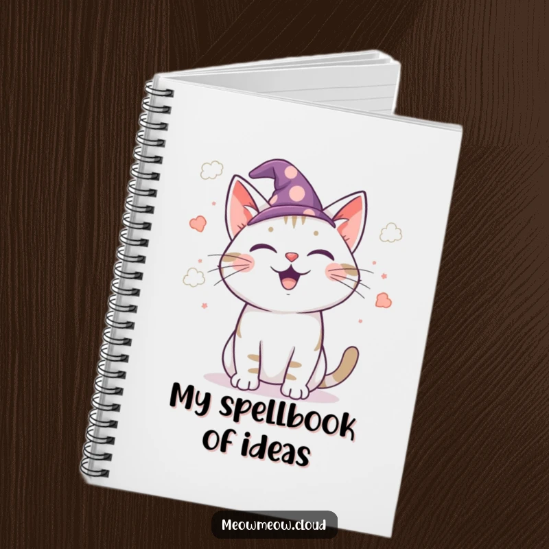 Funny wizard cat notebook, cat wizard jotting down notes surrounded by cloud confetti, humorous and practical stationery for spellcasters.