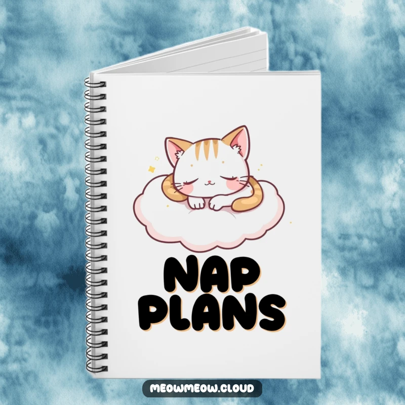 Funny playful cat napping on a cloud, decorating a notebook for jotting down peaceful thoughts and ideas.