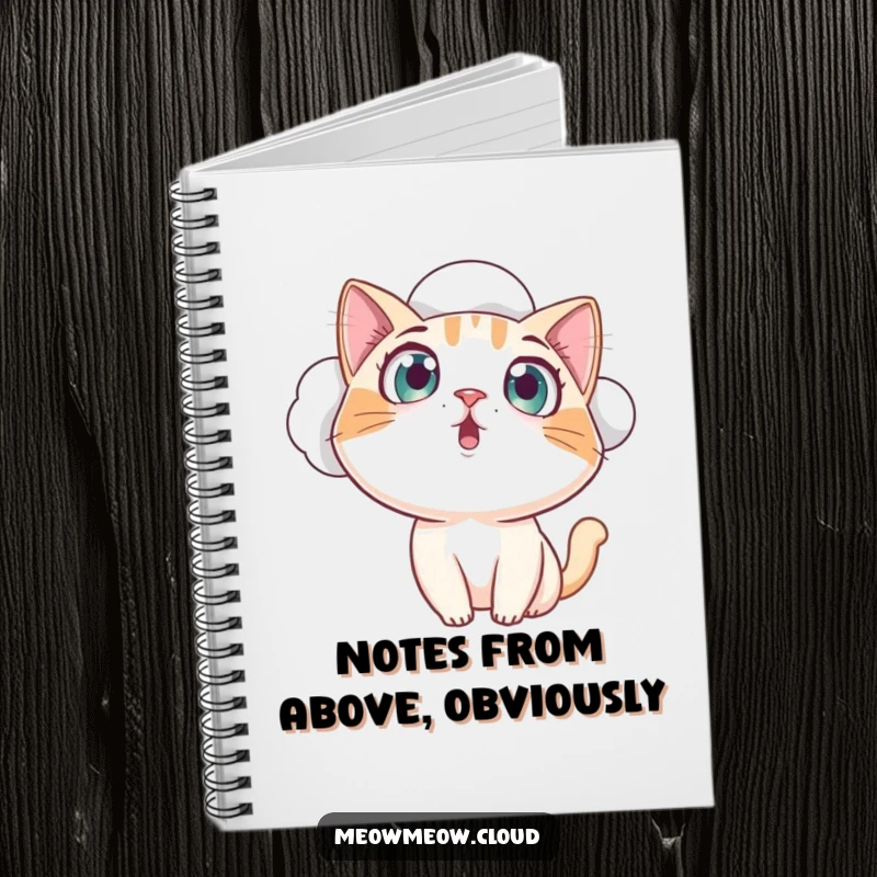 Funny curious cat peering from a cloud with wide, amazed eyes, ready to jot down notes in this humorous notebook, a funny gift.