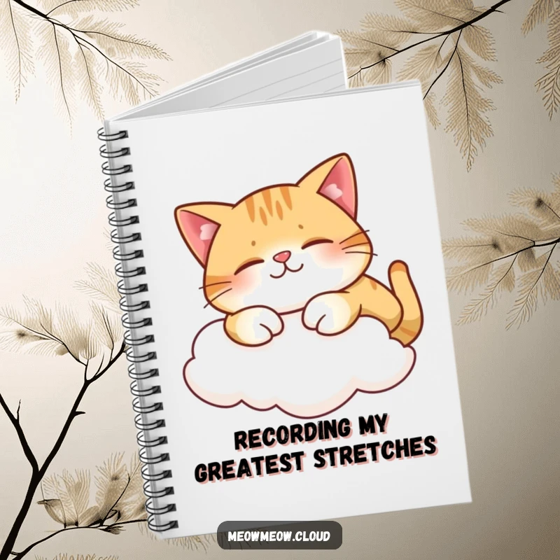Funny notebook with cover art of a contented cat stretching on a cloud, perfect for journaling happiness.