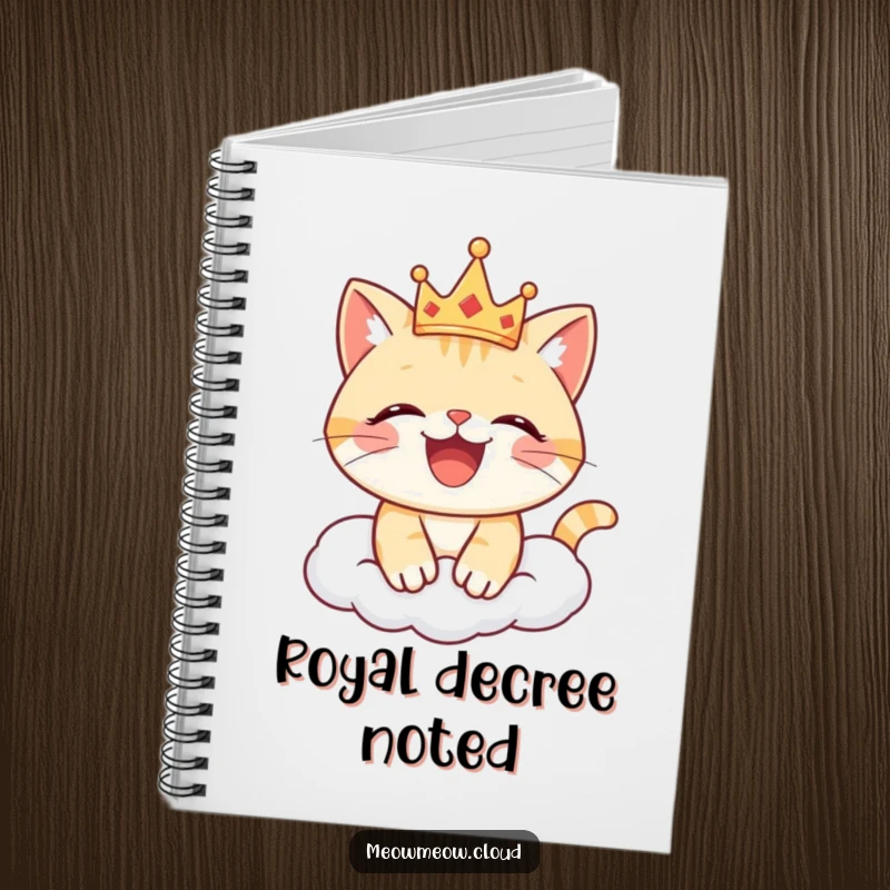 Funny cat notebook with a joyous cat wearing a crown on a cloud, perfect for jotting down regal thoughts.