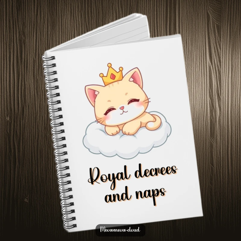Funny royal cat notebook featuring a cute cat with a crown, lounging on a cloud.