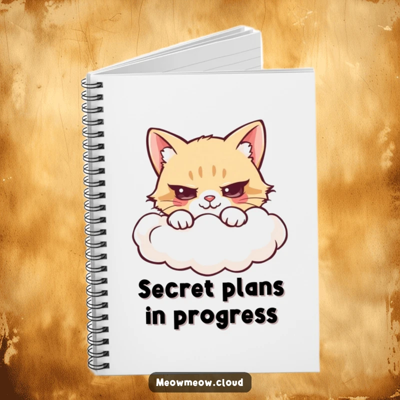 Funny notebook with a mischievous cartoon cat hiding behind a cloud, perfect for notes.