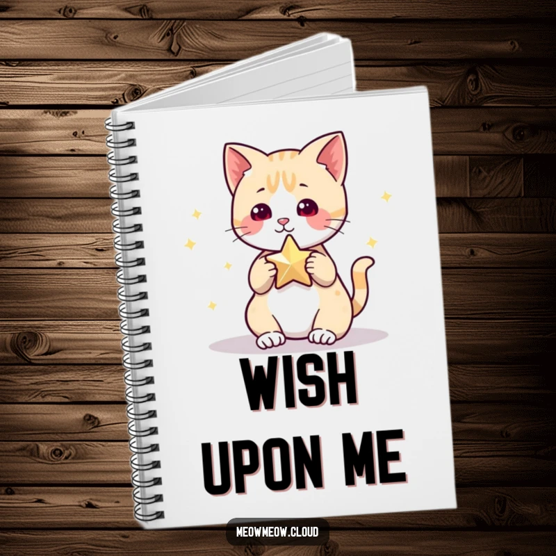 Funny Notebook with a cute cat character playfully interacting with a shining star, perfect for capturing notes and creative sparks.
