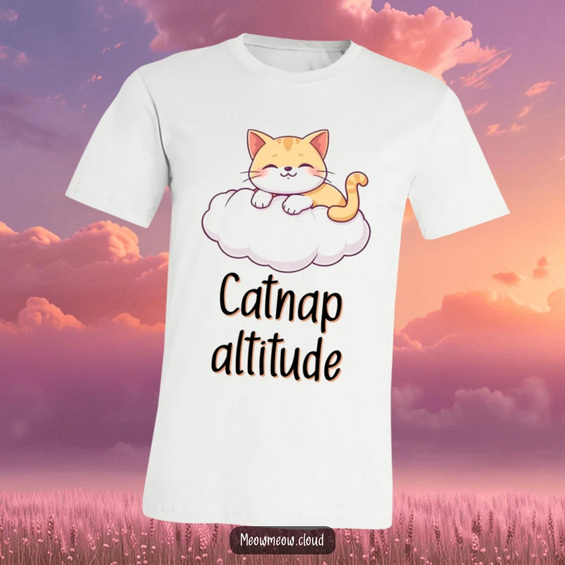 Funny t-shirt featuring a happy cat lounging on a puffy white cloud, perfect for expressing ultimate relaxation.