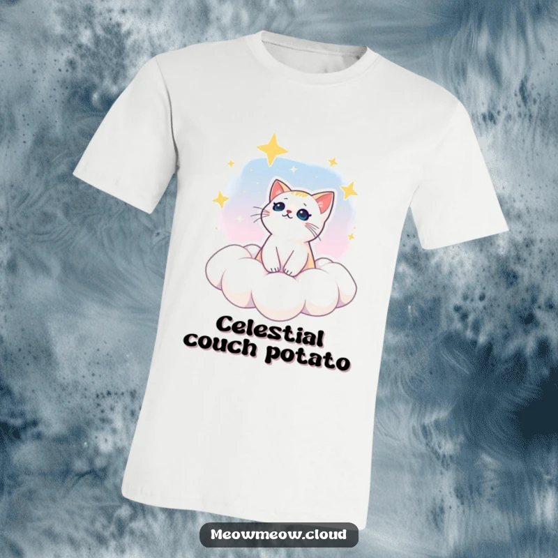 Funny t-shirt showing a dreamy cat character gazing at stars from a cloud perch, perfect for aspiring astronauts and cat lovers.