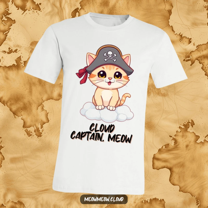 Funny pirate cat t-shirt, proud feline in a tiny hat on a cloud island, whimsical and humorous apparel for cat lovers.
