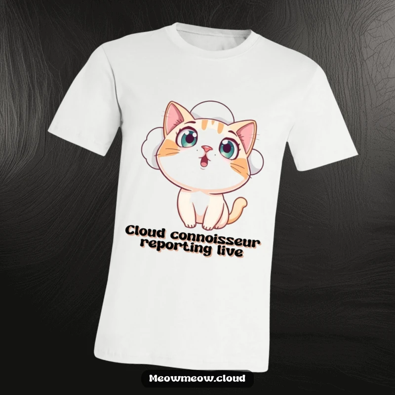 Funny curious cat looking down from a fluffy cloud, eyes wide with amazement, a hilarious t-shirt for gift-giving.