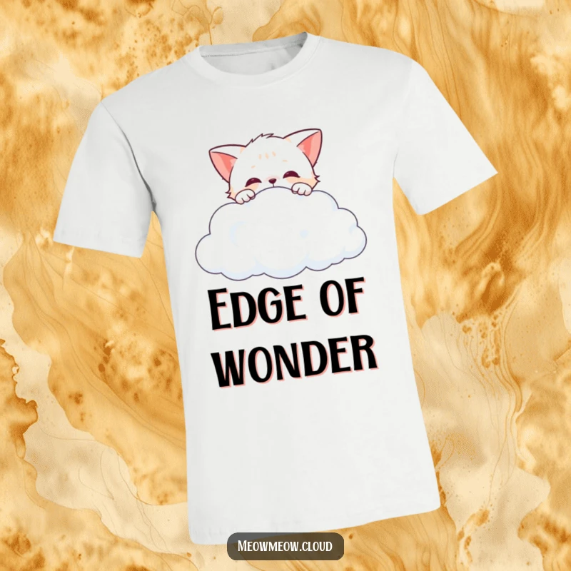 Funny cartoon cat peeking over the edge of a cloud, depicted on a humorous and comfortable t-shirt.