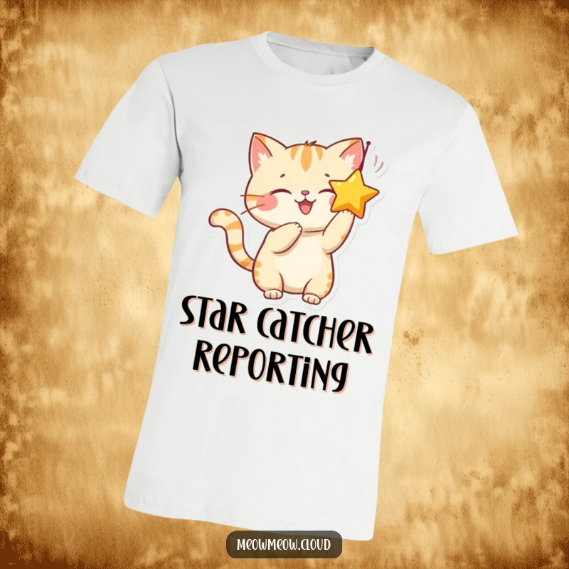 Funny t-shirt showcasing a smiling cat character joyfully batting at a dangling star, embodying pure, unadulterated fun.