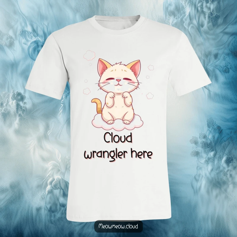 Funny cat cloud wisp t-shirt depicting a mischievous cat playing with soft, fluffy cloud wisps, full of playful energy.