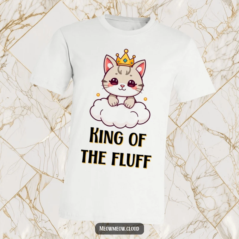 Funny Cat King T-Shirt featuring a cute cat with a tiny crown, presiding over a cloud kingdom. Majestic and humorous apparel.