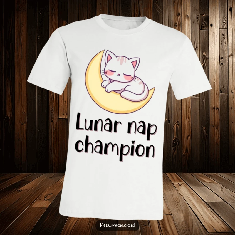 Funny t-shirt featuring an adorable cat character peacefully napping on a crescent moon, embodying ultimate relaxation.