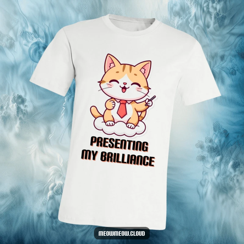 Funny cat presenter t-shirt, a cheerful cat in a tie gives a presentation on a cloud, perfect for eloquent speakers and cat lovers.
