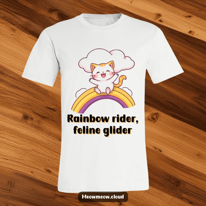Funny t-shirt featuring a cheerful cat character gracefully sliding down a colorful rainbow from a cloud, exuding pure bliss.