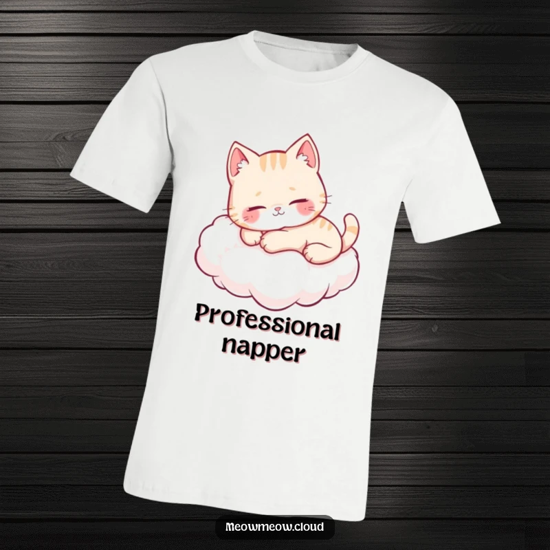 Funny cute cat relaxing on a soft cloud, purring contentedly, perfect for cozy, animal-themed apparel.